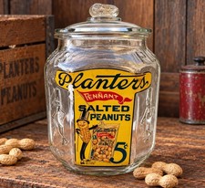 ANTIQUE PLANTERS PEANUTS RED PENNANT EMBOSSED GLASS JAR W PAPER LABEL Store picture