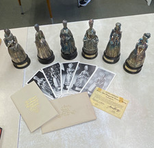 Set of 6 Antique Silver Metal Women Historical Figure Figurines w/ Black Bases picture