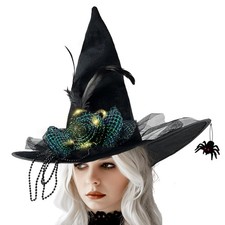 Black Witch Hat Light up Velvet Witch Hat with Spider for Women Halloween picture