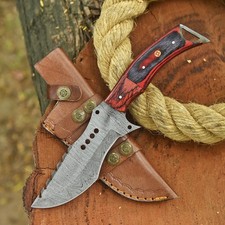 Hand Forged Damascus Tracker Knife Decorative Hole Blade Wooden Handle Sheath picture