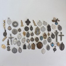 Antique Catholic Religious Medal Lot of over 50 Cross Medal Saints Crucifix picture