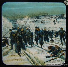 COLOUR Glass Magic Lantern Slide BATTLE SCENE - SOLDIERS RETREATING WW1 picture