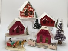 4 Vintage Christmas Village Putz Houses Japan Purple Bottle Brush Tree Sleigh ++ picture
