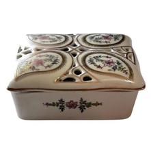 Vintage Porcelain Floral Trinket Box Keepsake Box Jewelry Box Square Gold Pink picture