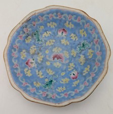 Antique Chinese Qing Famille Rose Blue Ground Pedestal Dish 6.5