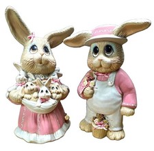 Vintage Sue Spears 1990 Ceramic Rabbit Figurines Set of 2 Pink Dress & Overalls picture