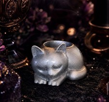 Hand Poured Silver Resin Kitten Tea Light Holder Gothic Altar Witchy Cat Decor picture