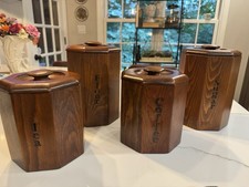 Vintage 1970s Wood Canister Set Flour Sugar Coffee Tea Republic Liners picture