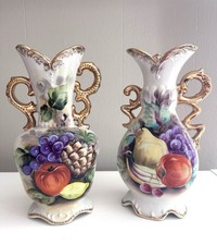 Vintage Hand-Painted Vases PAIR Fruit Motif With Gold Trimmed Handles picture