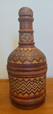 Vtg Rustic Artisanal Leather Rattan Geometric Wrapped Bottle W/ Leather Cork 9” picture