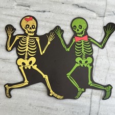 Vtg 1960's Dennison Die-Cut Halloween DANCING SKELETONS W Bows Green Yellow HTF picture