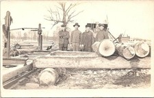 RPPC Logging Scene Lumberjacks Cutting Logs w/ Makeshift Sawmill early 1900s picture