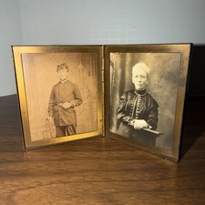 Antique CDV Civil War Soldier in Uniform & Victorian Woman In Brass Pocket Frame picture