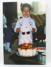 Vtg 1990s Color Photo African American Girl Birthday Cake Overalls Pink Glasses picture
