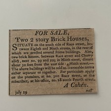 For Sale 2 Brick Houses Race Street A Cohen 1806 Philadelphia Clipping SAJ6-S22 picture