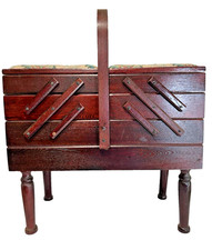 Vtg Cherry Wood Accordion Drawer Sewing Chest Box Legs & Handle Tapestry Top picture