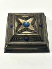 ANTIQUE FILIGREE BRASS  SAPHIRE JEWELED JEWELRY LA TAUSCA PEARL CASE BOX picture