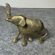 Vintage Solid Brass Elephant Figurine Statue Raised Trunk Lucky Elephant Decor picture