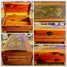 Vintage Carved Wood Trinket Box Scenic Landscape Lid Latch, Metal Hardware picture