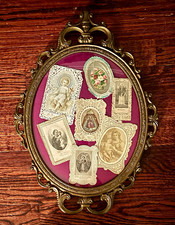 Antique Victorian Gilt Brass Frame with 19th-Century Catholic Holy Cards /Prints picture