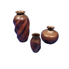 Vintage Handcrafted Hammered Copper Vase Lot 3 Pc Spiral Twist & Bulbous Vases picture
