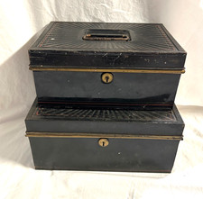 2 Antq Painted Black Tin cash Bankers Boxes From The 1800's picture