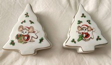 2 Vintage Lefton China Christmas Tree Mouse Design Trinket Boxes Porcelain  picture