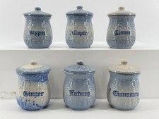 Antique Set Of 6 Blue and White Basketweave Stoneware Spice Jars McCoy picture