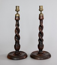 Pair of Tall Antique English Barley Twist Oak Candlesticks Candle Holders 14.5