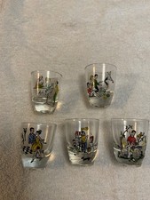 Vintage Mid Century Modern Shot Glass Set of 5 Atomic Age Barware Cartoon Scenes picture