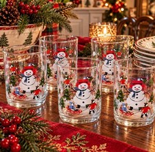 Vintage Pfaltzgraff Snow Village Christmas Glasses Set of 5 Snowman 4.5” picture