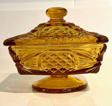 Vtg Indiana Glass Amber Diamond Point Square Pedestal Covered Candy Dish Lid * picture
