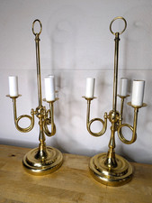 Pair Vintage Brass Bouillotte Style 3-Light Candelabra Table Lamps 22