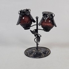 Vintage Amethyst Purple Hobnail Glass Owl Salt and Pepper Shakers Metal Tree picture