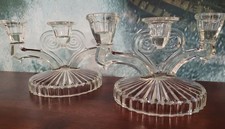 Vintage Jeannette Glass Cosmos Clear 3 Light Candlestick Holders Pair Art Deco picture