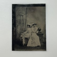 Antique 1892 Tintype Two Victorian Women White Dresses Hats 1/6 Plate picture