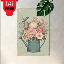 Watering Can Wildflower Bouquet Bird Scene Sign Distressed Floral Metal Plaque picture