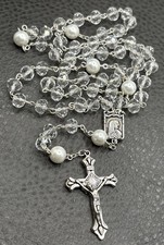 Vintage Crystal Bead Rosary Necklace Faux Pearl Crucifix Cross Silver Tone 26” picture