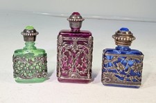 Three Antique French Art Nouveau Jeweled Perfume Bottles Filigree Metal Cage picture