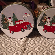 Large Round Metal Christmas Storage Tin w/ Lid Snowman Red Truck Trees Print picture