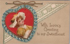Postcard Valentine Unsigned Clapsaddle 1909 Girl in Hat Heart picture