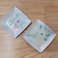 Vintage Ando Cloisonne Enamel Orchid Square Plates Pair Japanese Art Dishes 4