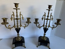 PR. Antique French Victorian Brass & Marble Candle Holders Candelabras OLD WORLD picture