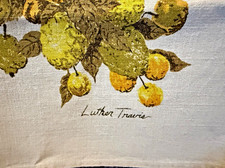 VTG 1950's Signed Luther Travis Natural Linen Golden Fruit Bordered Tablecloth picture