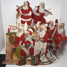 Vtg 1982 Peck 7 Velvety Flocked Santa Decorations Printed Both Sides USA picture