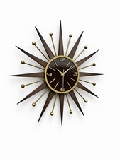Retro Style Starburst Sunburst Wall Clock MCM Brown Gold Handmade Silent Decor picture