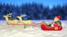 Antique Celluloid Santa Claus Sleigh 2 Glitter Reindeer w/Reins ~Japan 1930s~ picture