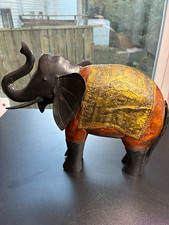 Wood & Metal Elephant Figurine Sculpture with Embossed Metal Blanket picture