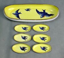 Vintage NIPPON Porcelain BLUE BIRD Hand Painted CANOE Yellow TRAY With Dishes picture