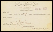 1894 Second National Bank Cumberland MD Victorian Engraved 1c Postal Card Receip picture